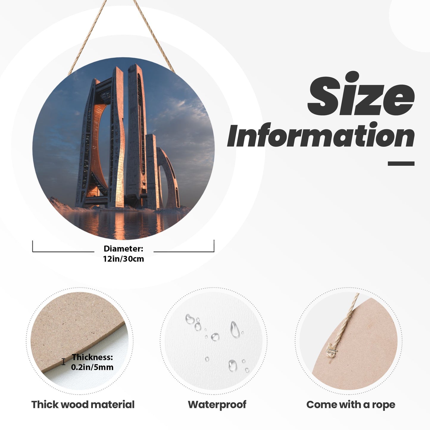 Modern Architecture Round Wooden Wall Hanging – Waterproof Decorative Plaque with Rope, 12in/30cm, Durable Art Home Decor