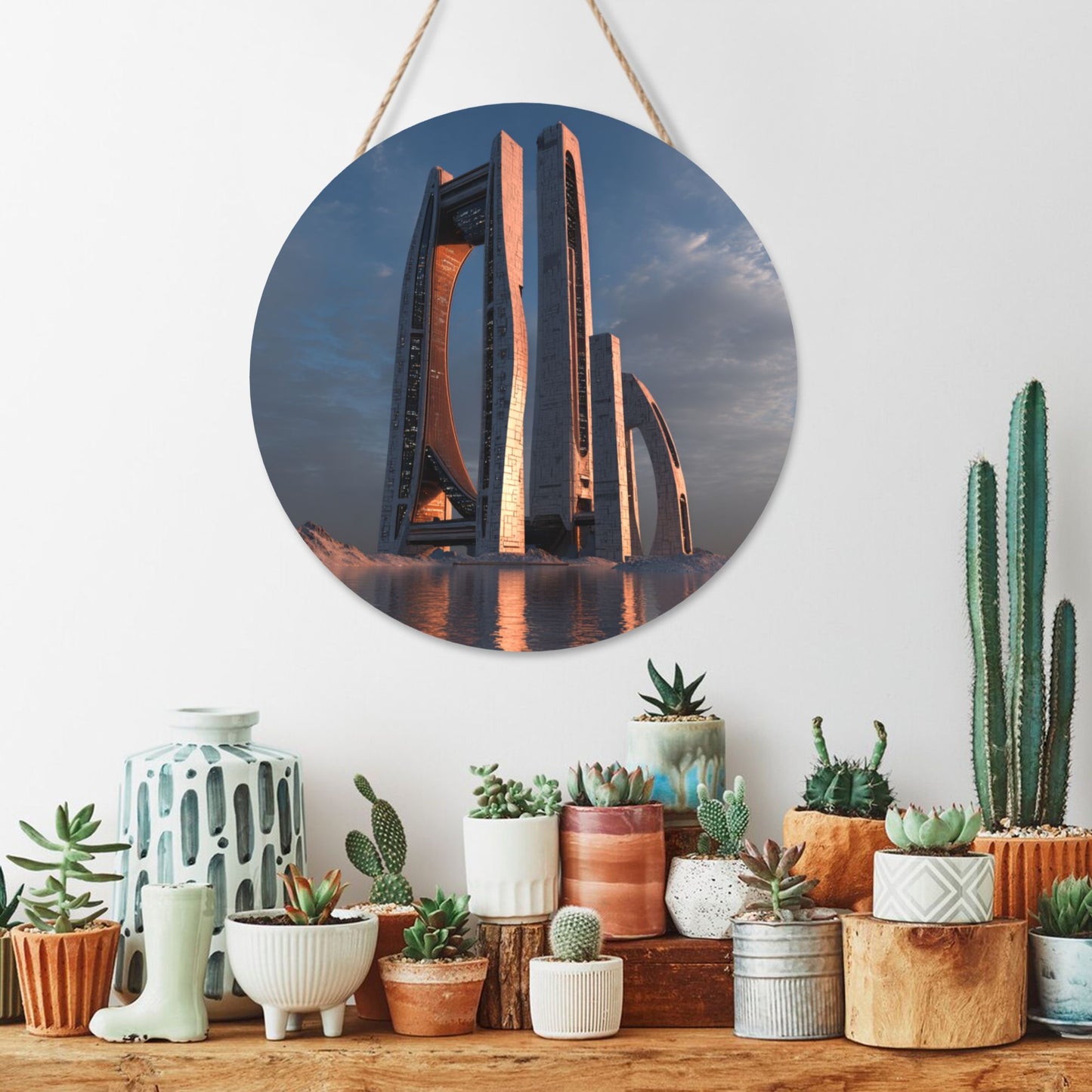 Modern Architecture Round Wooden Wall Hanging – Waterproof Decorative Plaque with Rope, 12in/30cm, Durable Art Home Decor
