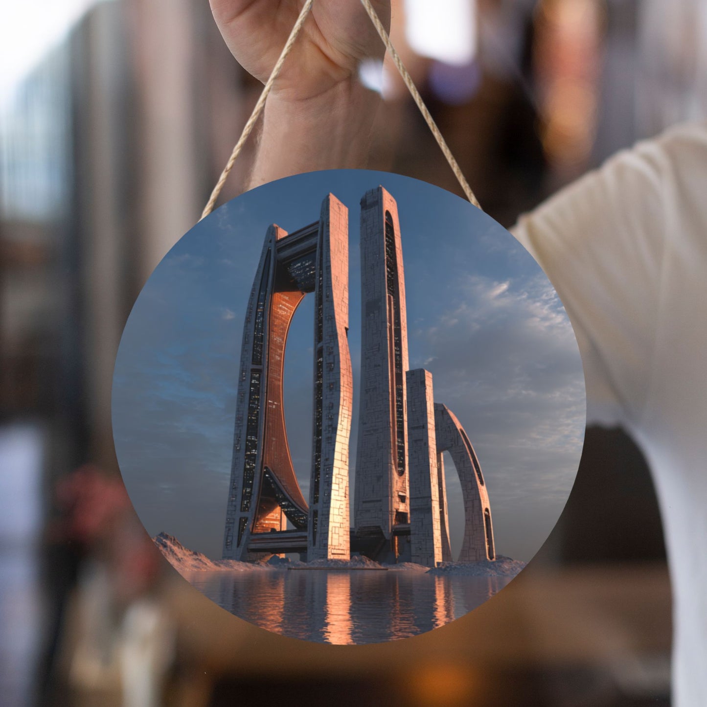 Modern Architecture Round Wooden Wall Hanging – Waterproof Decorative Plaque with Rope, 12in/30cm, Durable Art Home Decor