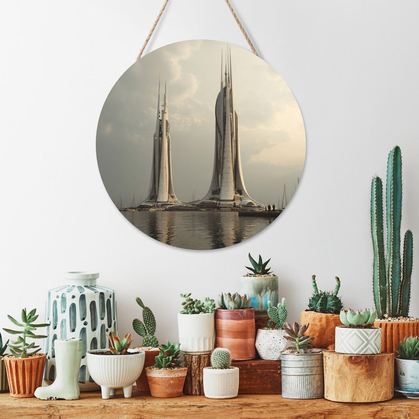 Modern Architecture Style Round Wooden Wall Hanging Art, 12in/30cm Waterproof Wooden Decor with Rope for Home & Office
