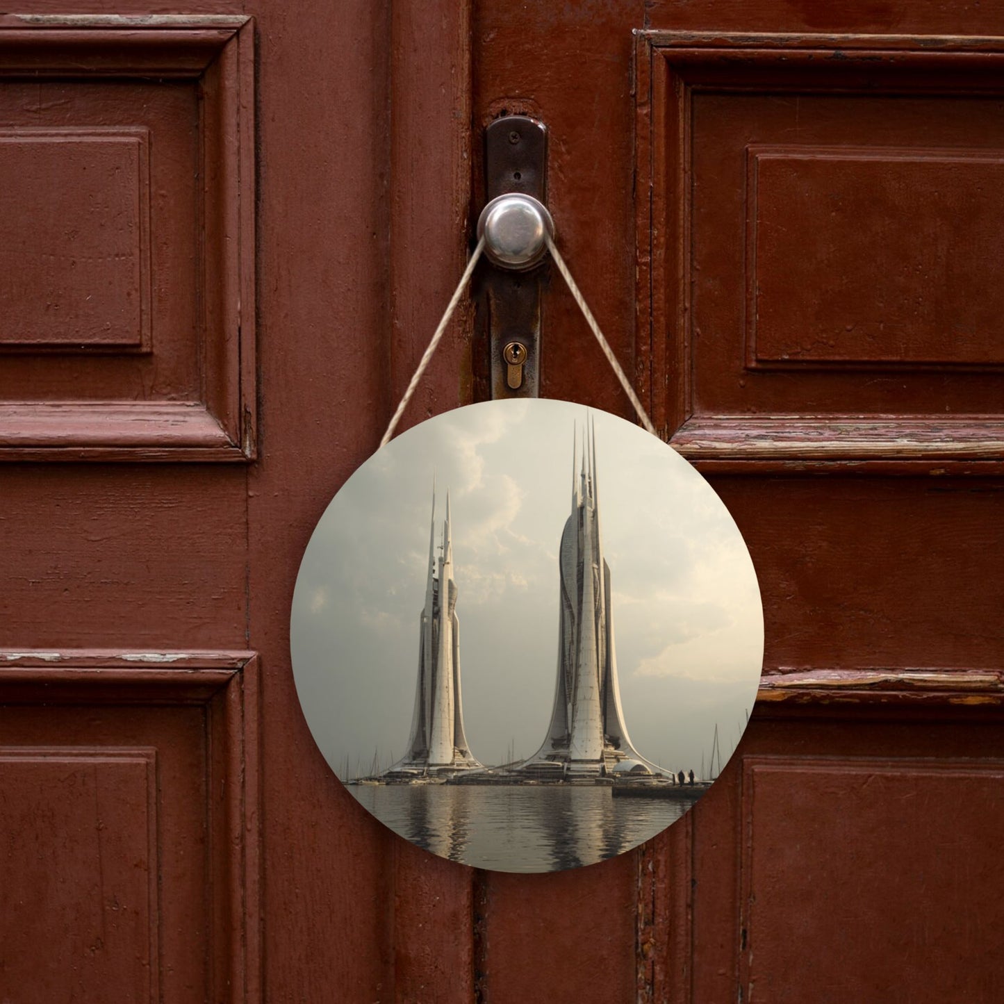 Modern Architecture Style Round Wooden Wall Hanging Art, 12in/30cm Waterproof Wooden Decor with Rope for Home & Office