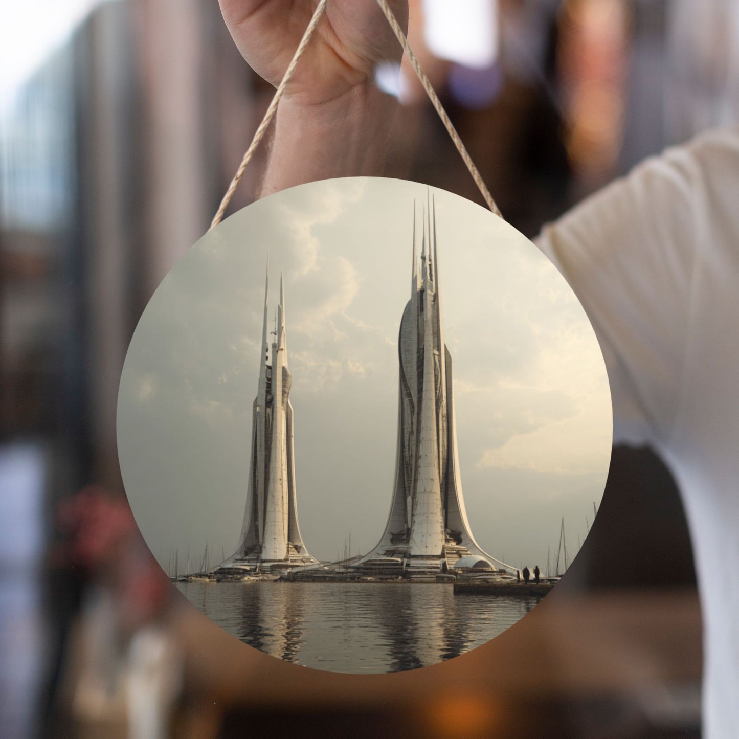 Modern Architecture Style Round Wooden Wall Hanging Art, 12in/30cm Waterproof Wooden Decor with Rope for Home & Office