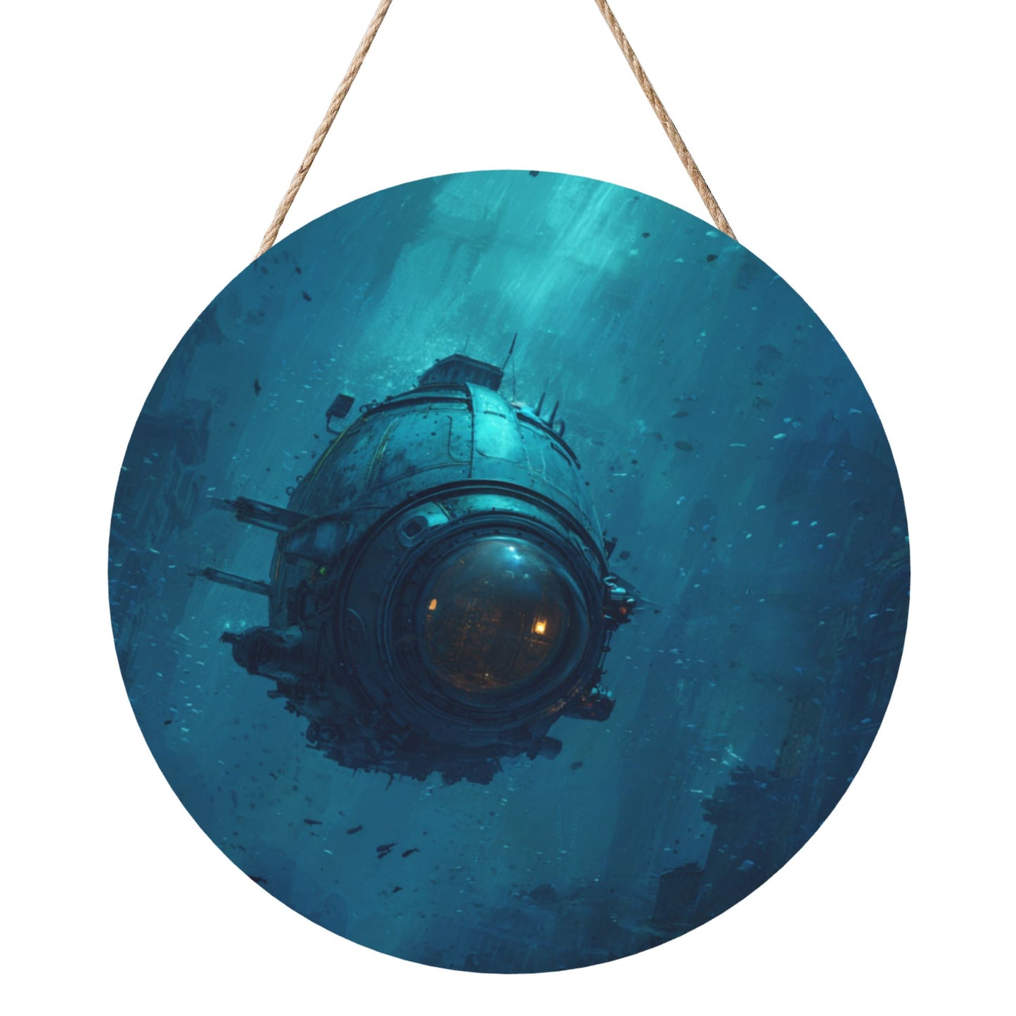 Deep Sea Submarine Round Wooden Wall Art – 12in/30cm Waterproof Hanging Decoration with Rope, Artistic Home & Office Décor