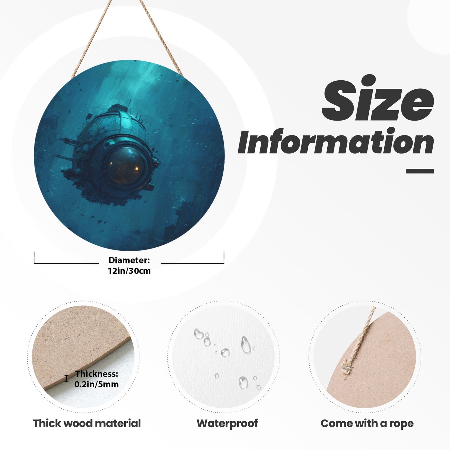 Deep Sea Submarine Round Wooden Wall Art – 12in/30cm Waterproof Hanging Decoration with Rope, Artistic Home & Office Décor