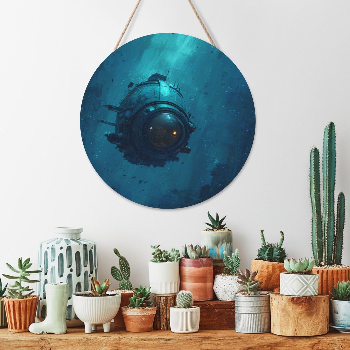 Deep Sea Submarine Round Wooden Wall Art – 12in/30cm Waterproof Hanging Decoration with Rope, Artistic Home & Office Décor