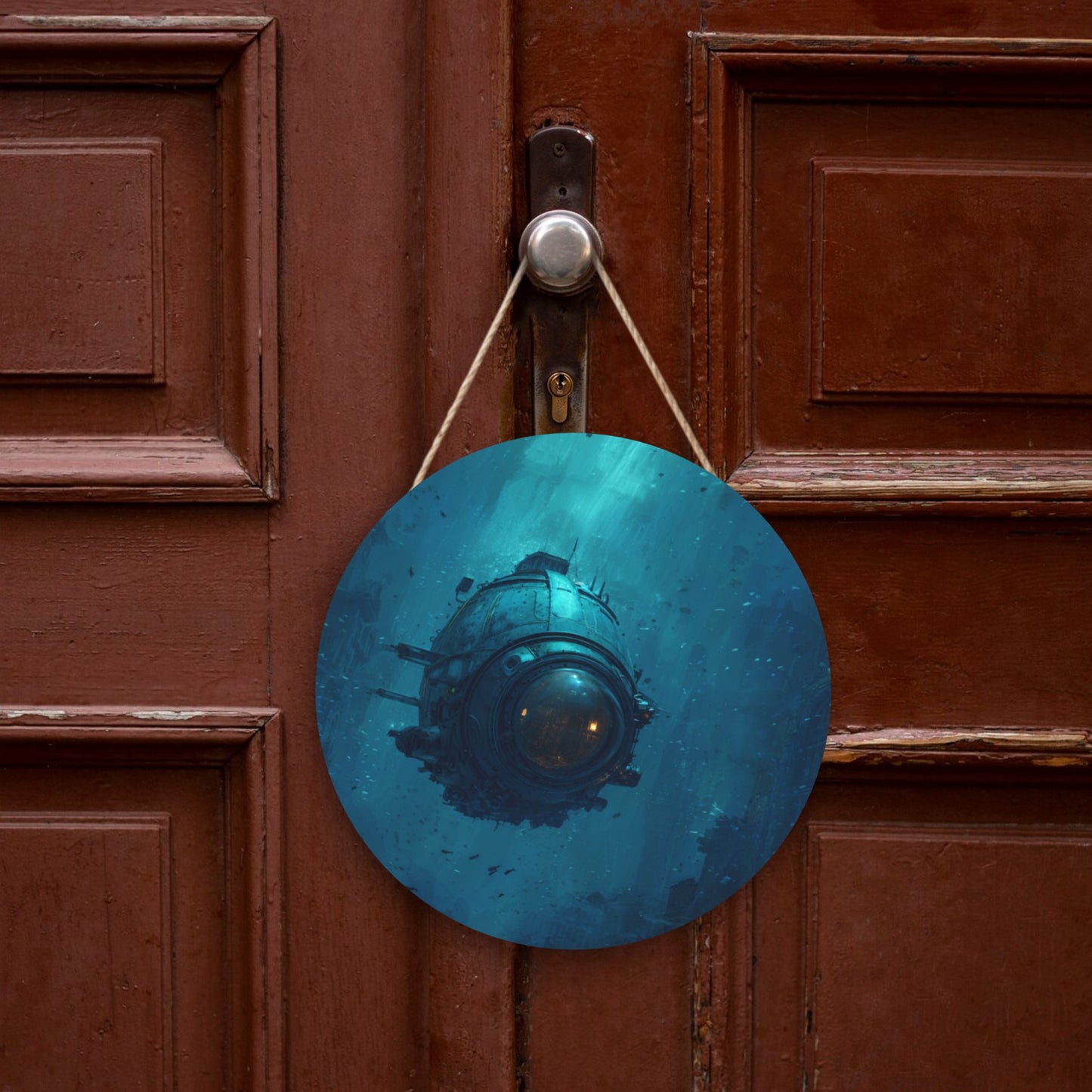 Deep Sea Submarine Round Wooden Wall Art – 12in/30cm Waterproof Hanging Decoration with Rope, Artistic Home & Office Décor
