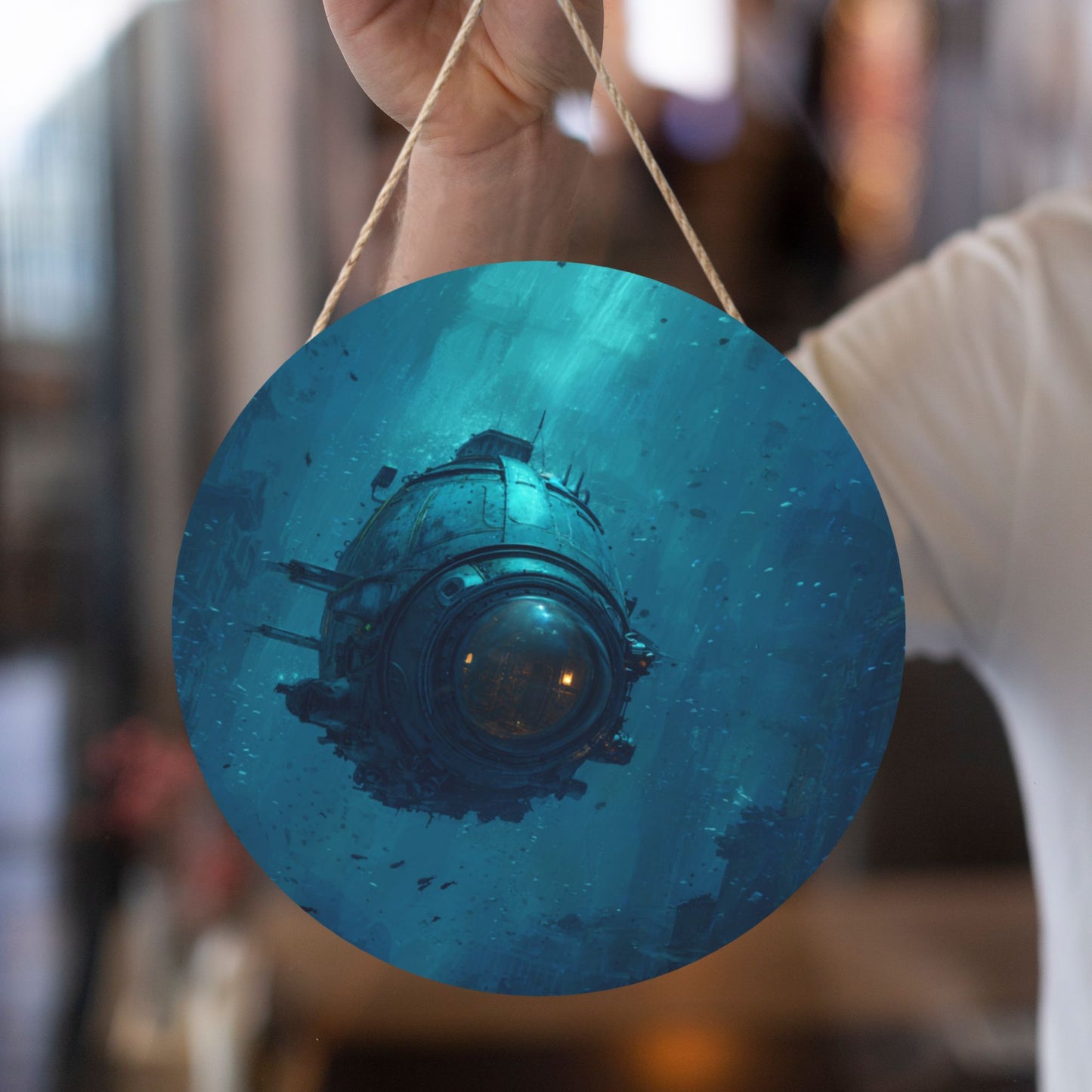 Deep Sea Submarine Round Wooden Wall Art – 12in/30cm Waterproof Hanging Decoration with Rope, Artistic Home & Office Décor