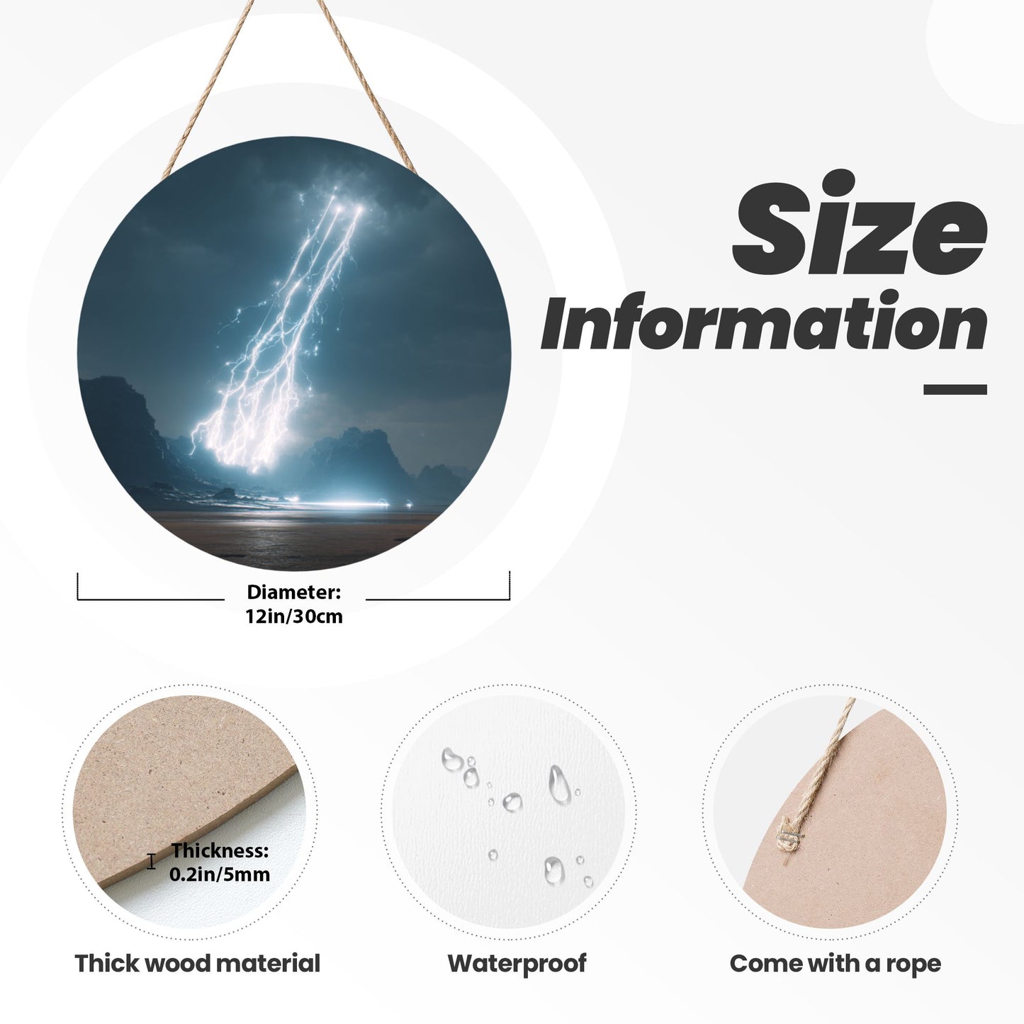 Lightning Storm Round Wooden Wall Art – 12in/30cm Waterproof Durable Hanging Decor with Rope for Living Room, Bedroom, Study, and Office
