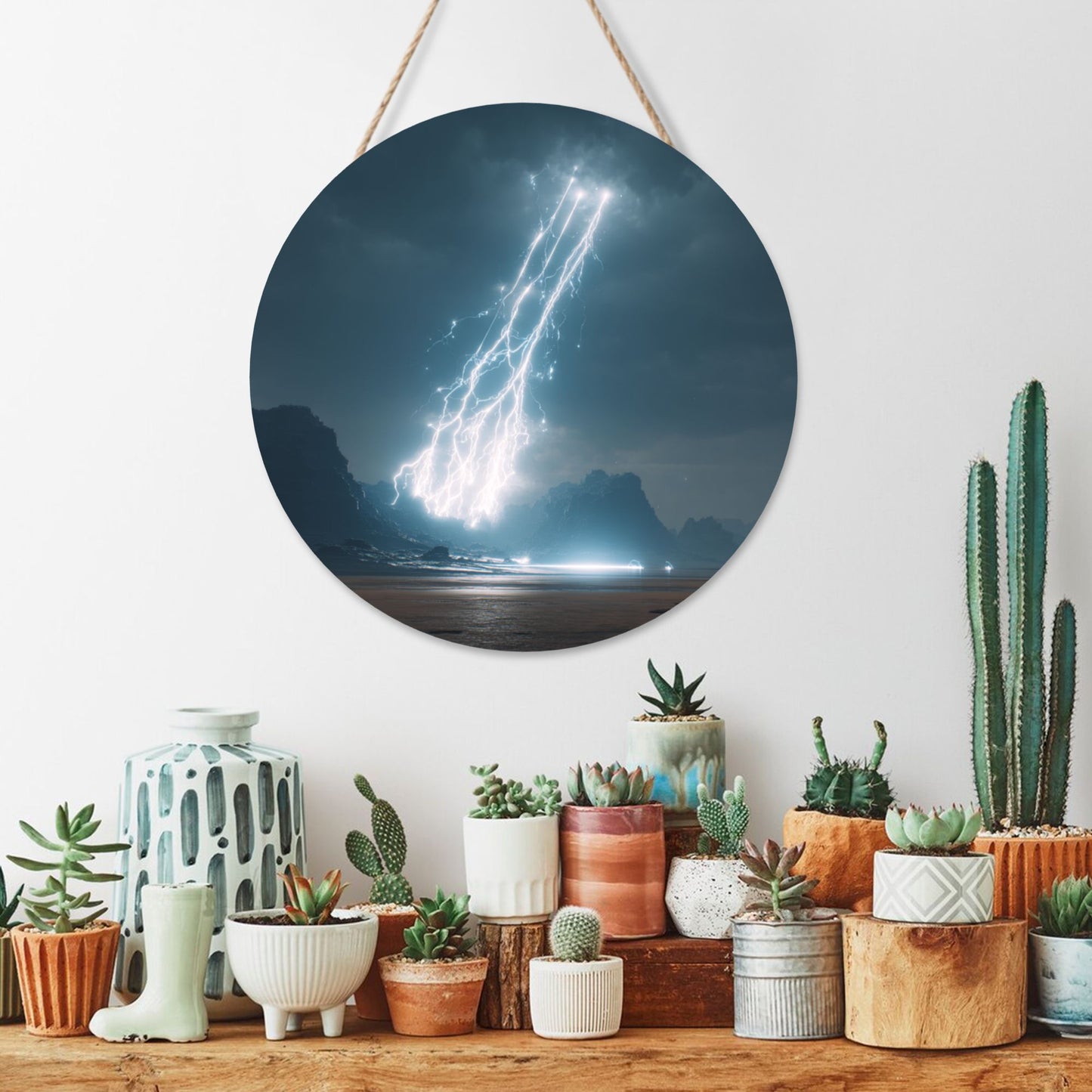 Lightning Storm Round Wooden Wall Art – 12in/30cm Waterproof Durable Hanging Decor with Rope for Living Room, Bedroom, Study, and Office