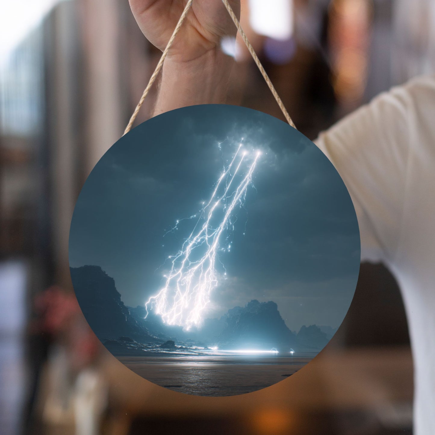 Lightning Storm Round Wooden Wall Art – 12in/30cm Waterproof Durable Hanging Decor with Rope for Living Room, Bedroom, Study, and Office