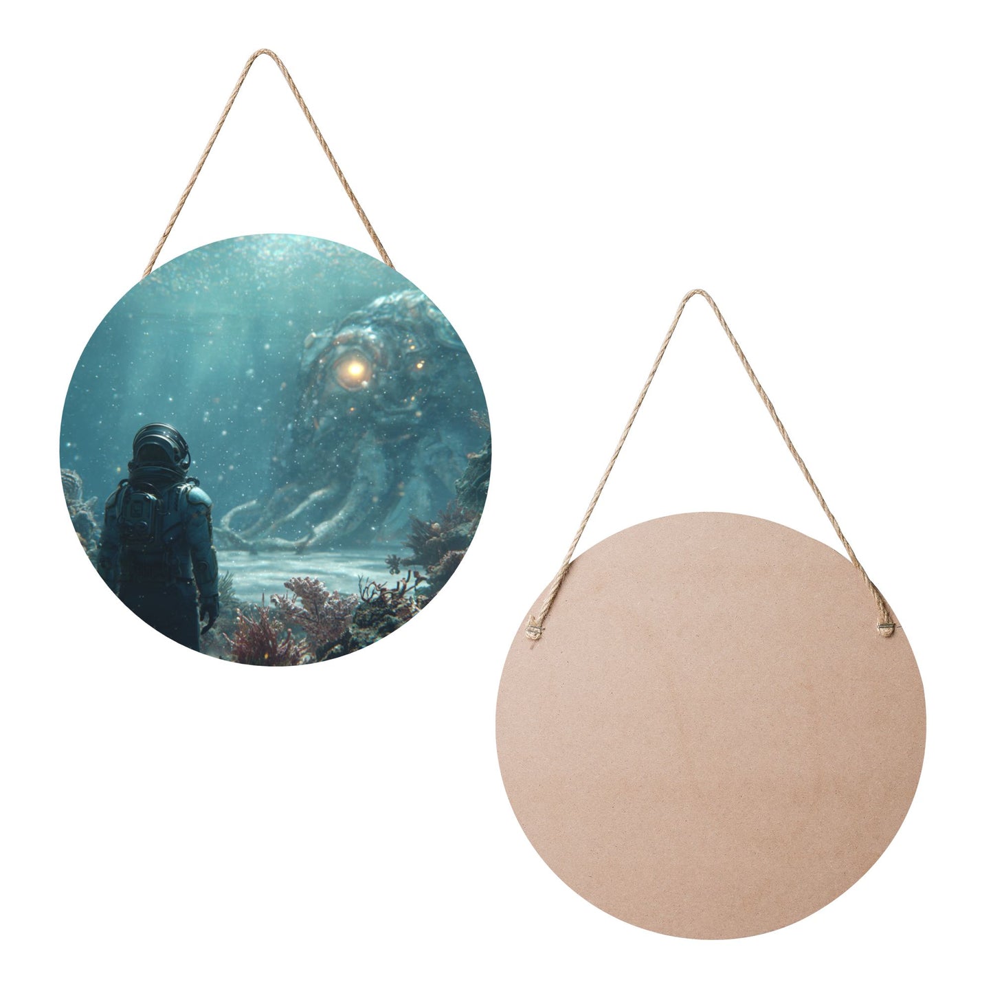 Round Wooden Wall Hanging Art – 12in/30cm Waterproof Decorative Panel with Rope, Creative Sci-Fi Design for Home & Office