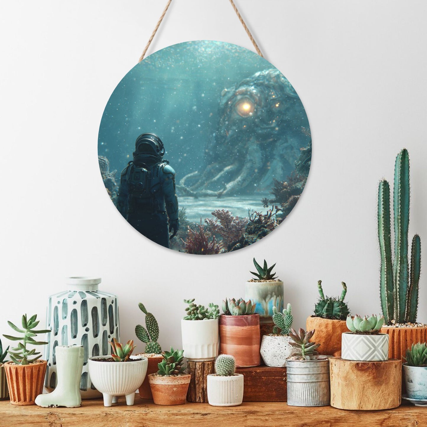 Round Wooden Wall Hanging Art – 12in/30cm Waterproof Decorative Panel with Rope, Creative Sci-Fi Design for Home & Office