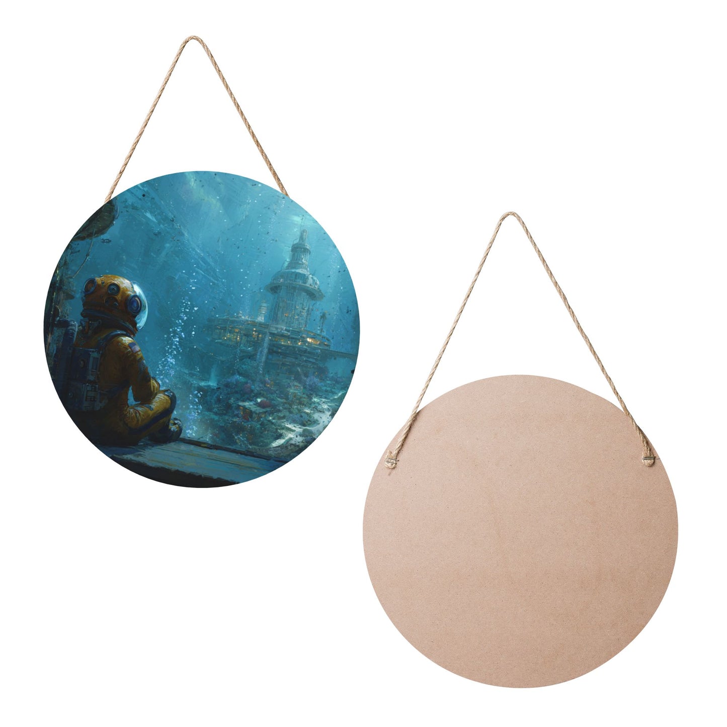 Round Wooden Wall Art – Diver and Underwater Fantasy City, 12in/30cm Thick Wood Waterproof Hanging Artwork