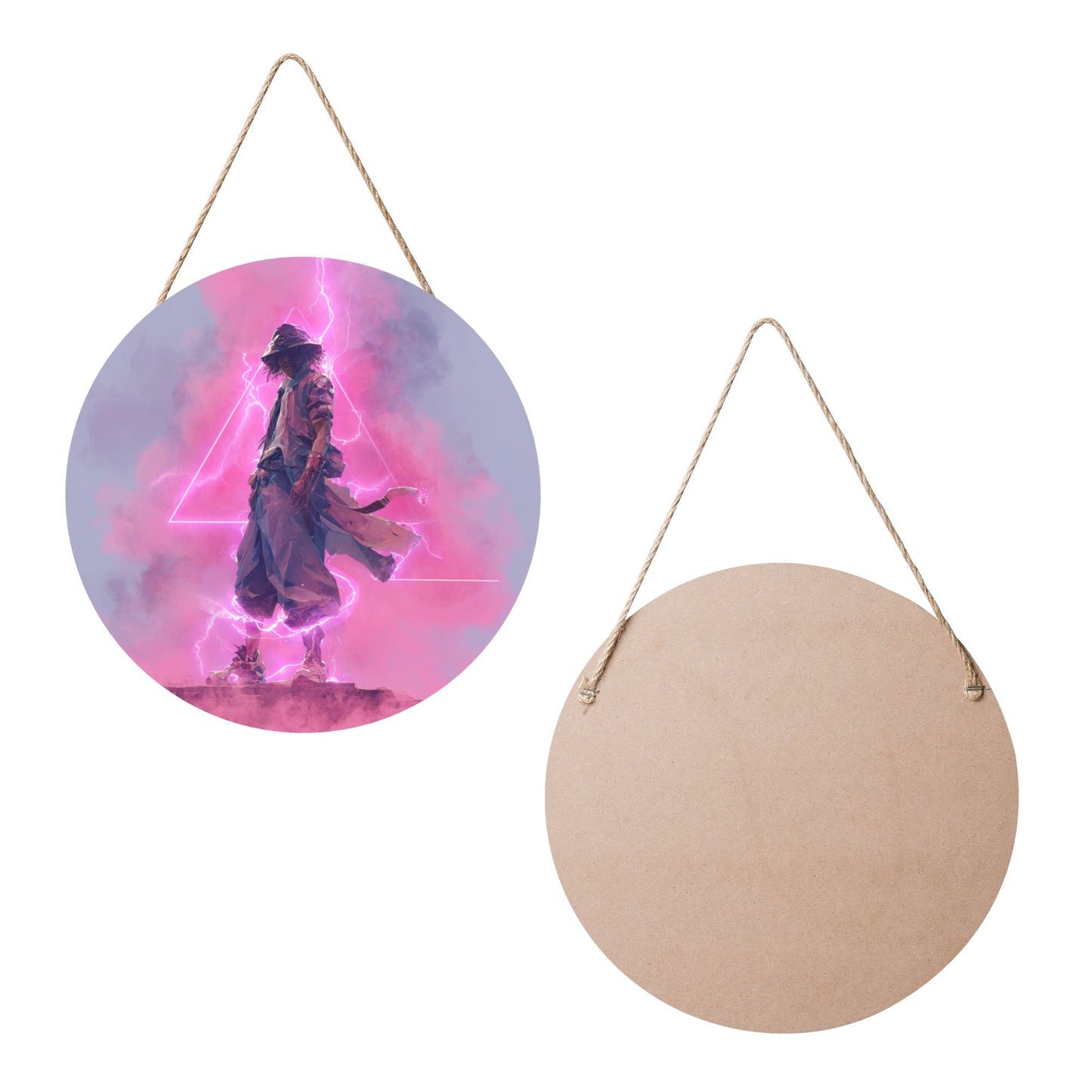 Round Wooden Wall Art – Neon Lightning Samurai Artwork, 12in/30cm Waterproof Thick Wood Hanging Décor