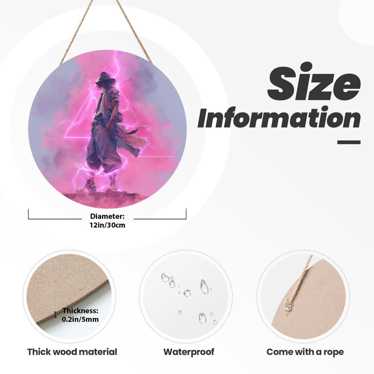 Round Wooden Wall Art – Neon Lightning Samurai Artwork, 12in/30cm Waterproof Thick Wood Hanging Décor