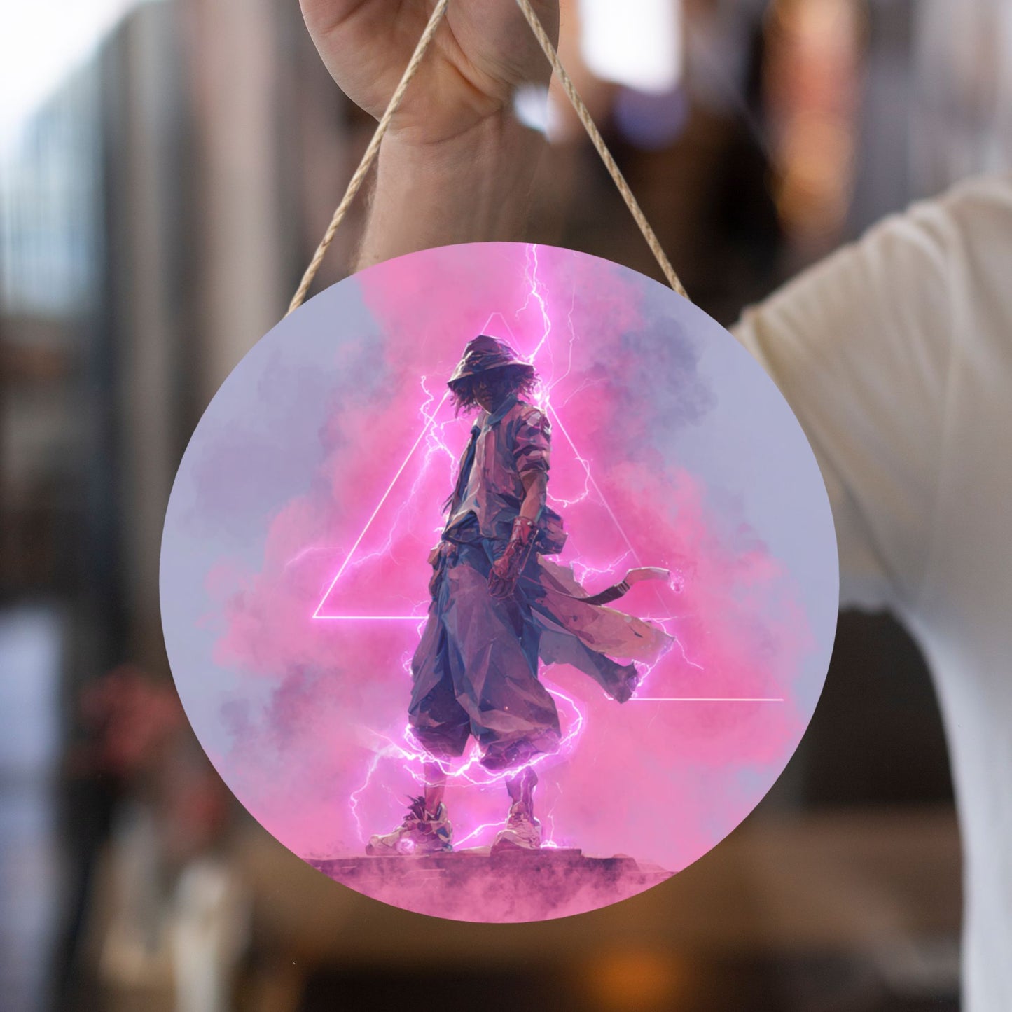 Round Wooden Wall Art – Neon Lightning Samurai Artwork, 12in/30cm Waterproof Thick Wood Hanging Décor