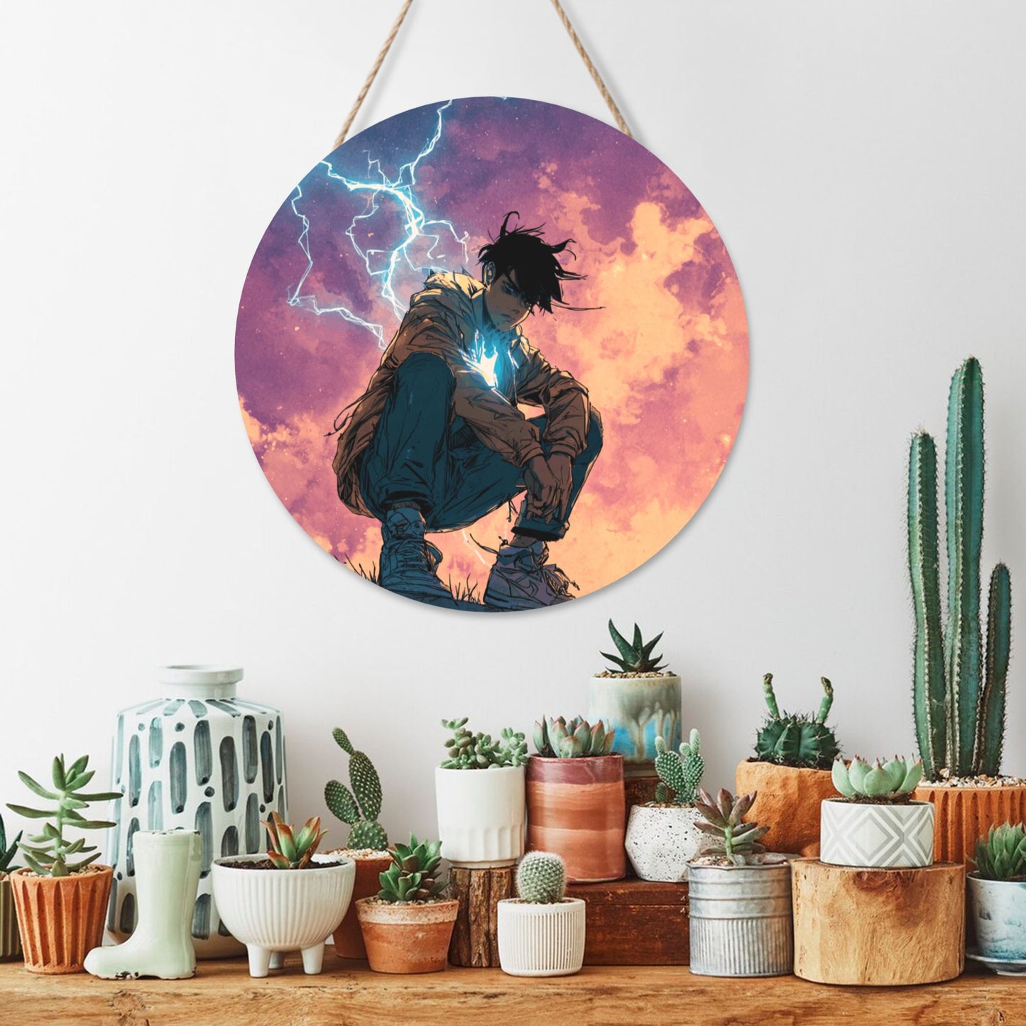 Round Wooden Wall Art – Lightning Boy Illustration, 12in/30cm Waterproof Thick Wood Hanging Décor