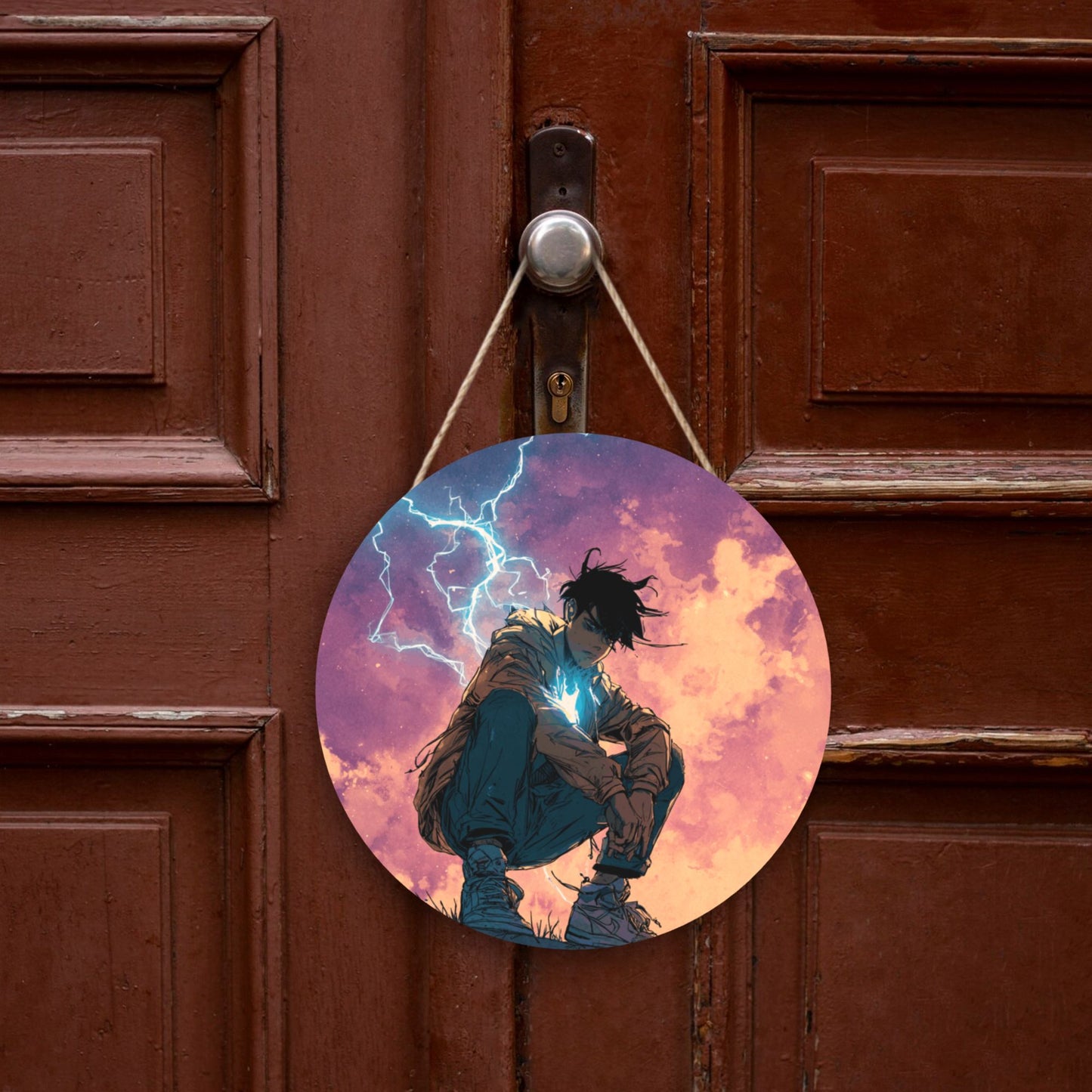 Round Wooden Wall Art – Lightning Boy Illustration, 12in/30cm Waterproof Thick Wood Hanging Décor