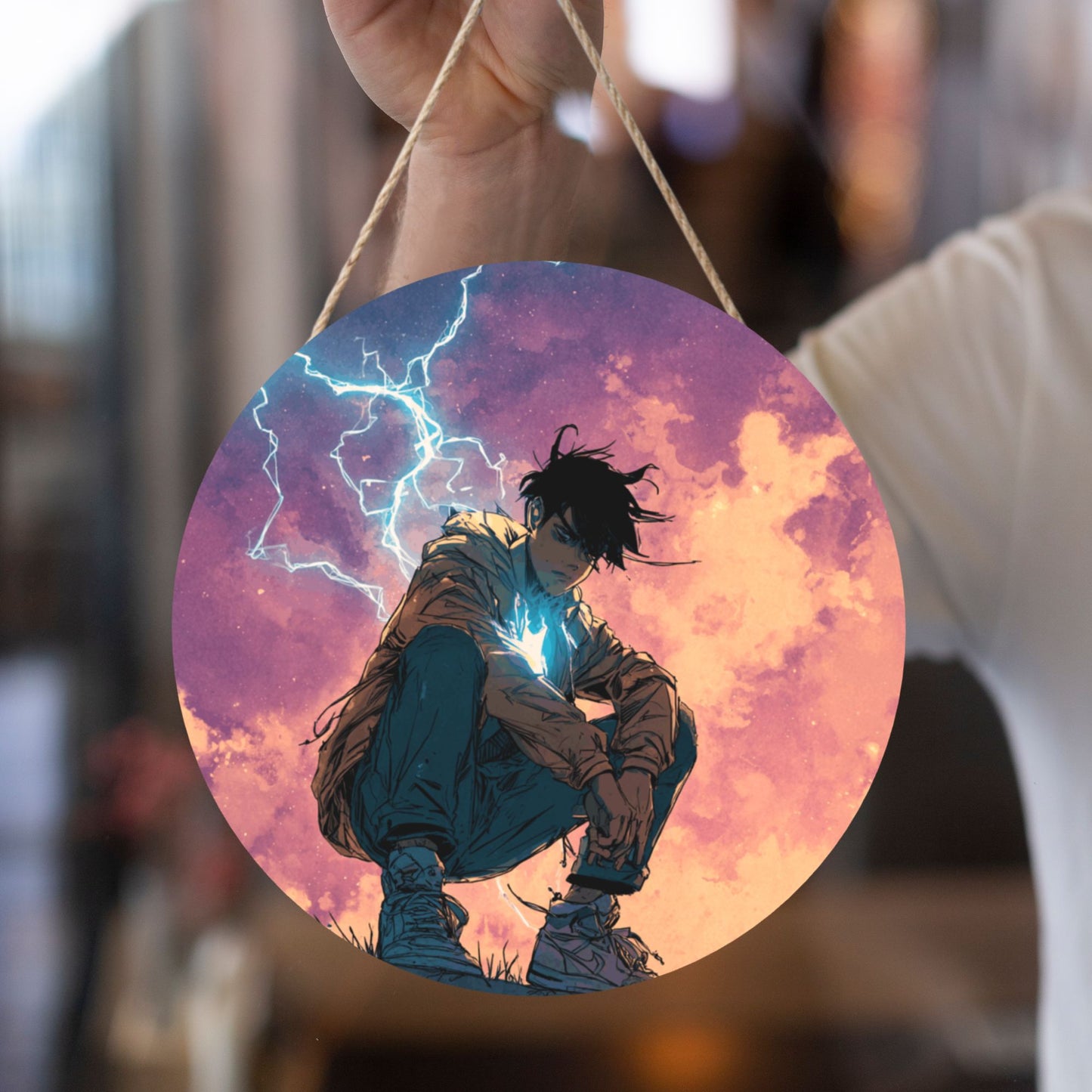 Round Wooden Wall Art – Lightning Boy Illustration, 12in/30cm Waterproof Thick Wood Hanging Décor