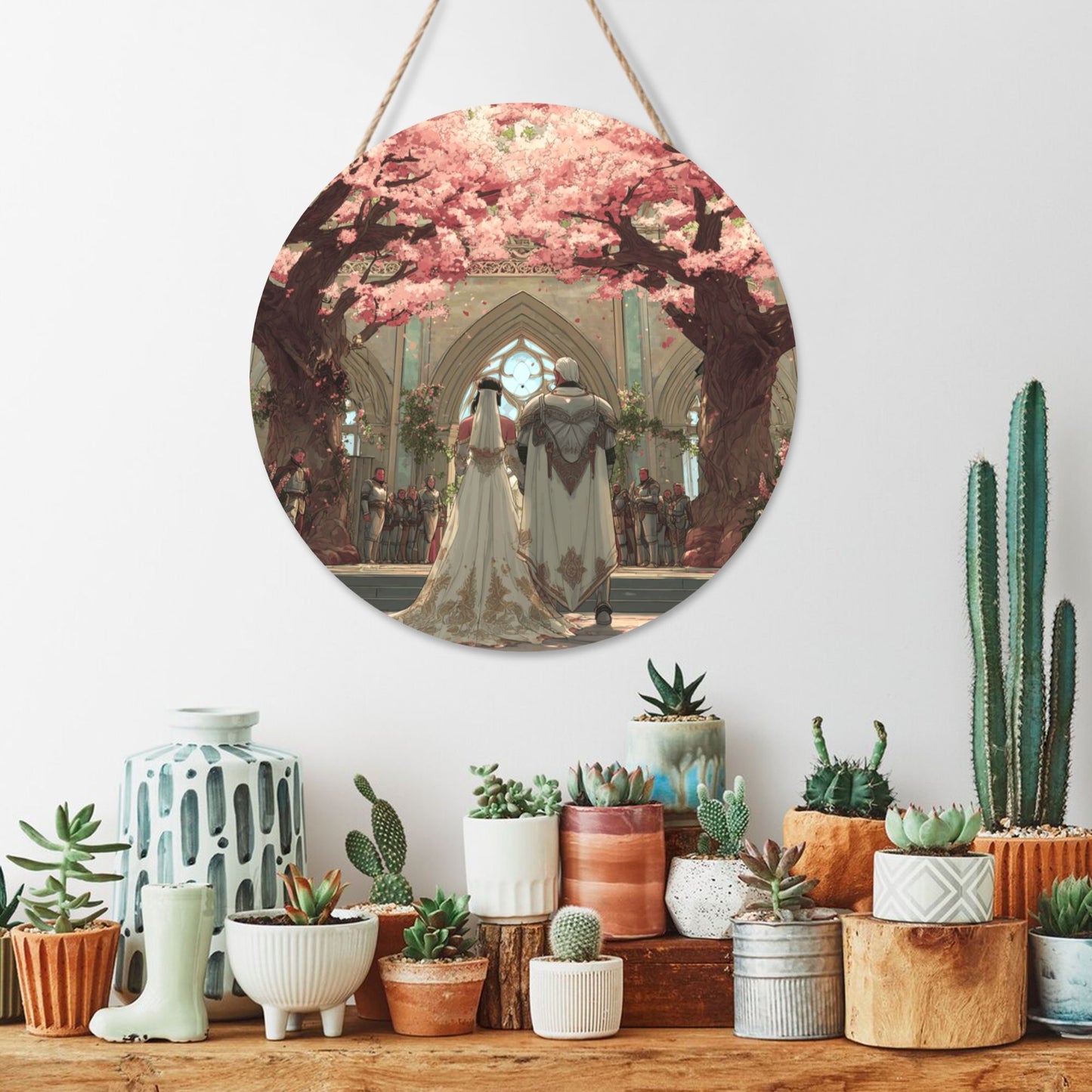 Round Wooden Wall Art – Cherry Blossom Wedding Fantasy Scene, 12in/30cm Waterproof Thick Wood Hanging Décor