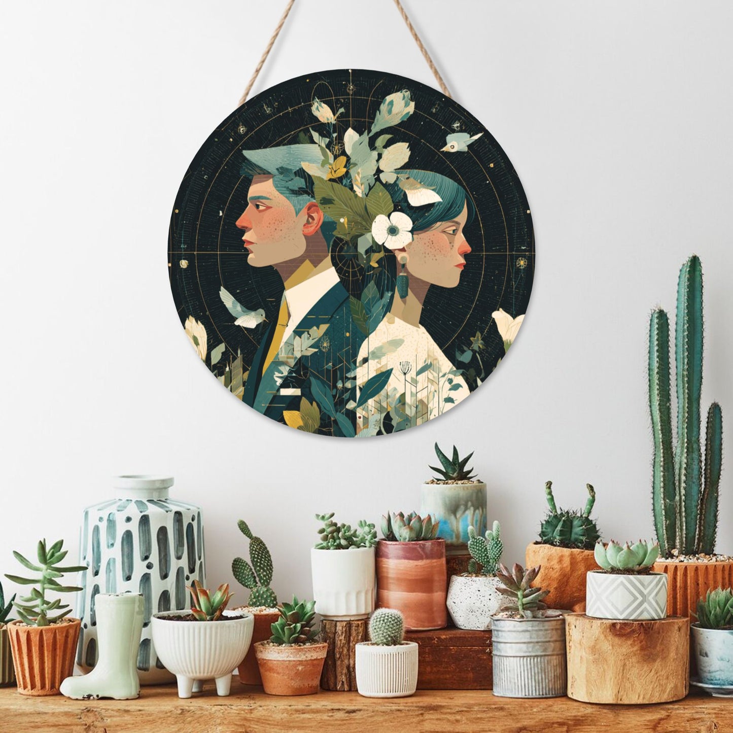 Round Wooden Wall Art – Floral Couple Portrait Illustration, 12in/30cm Waterproof Thick Wood Hanging Décor