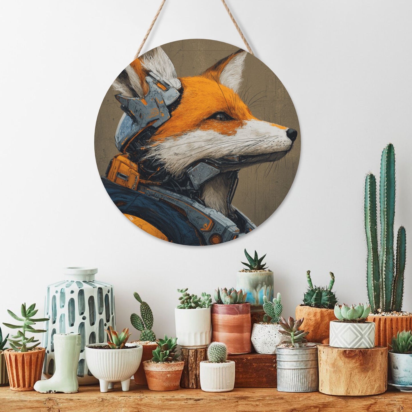 Round Wooden Wall Art – Cybernetic Fox Illustration, 12in/30cm Waterproof Thick Wood Hanging Décor