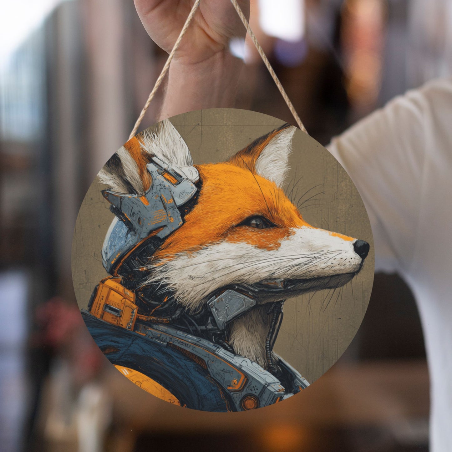 Round Wooden Wall Art – Cybernetic Fox Illustration, 12in/30cm Waterproof Thick Wood Hanging Décor