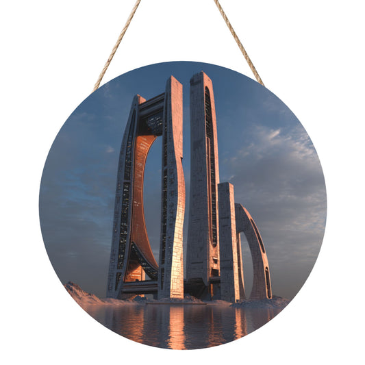 Modern Architecture Round Wooden Wall Hanging – Waterproof Decorative Plaque with Rope, 12in/30cm, Durable Art Home Decor