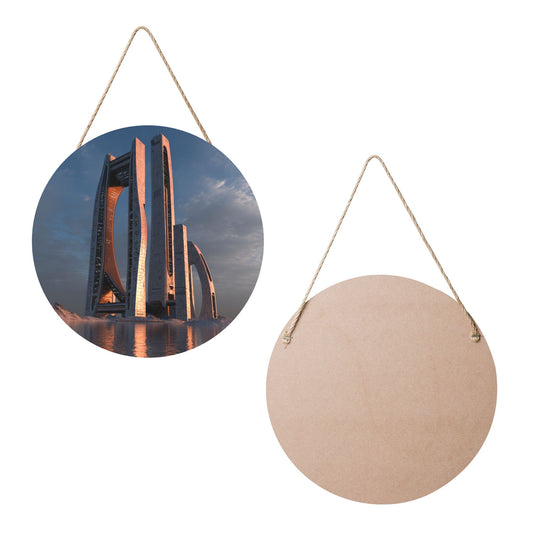 Modern Architecture Round Wooden Wall Hanging – Waterproof Decorative Plaque with Rope, 12in/30cm, Durable Art Home Decor