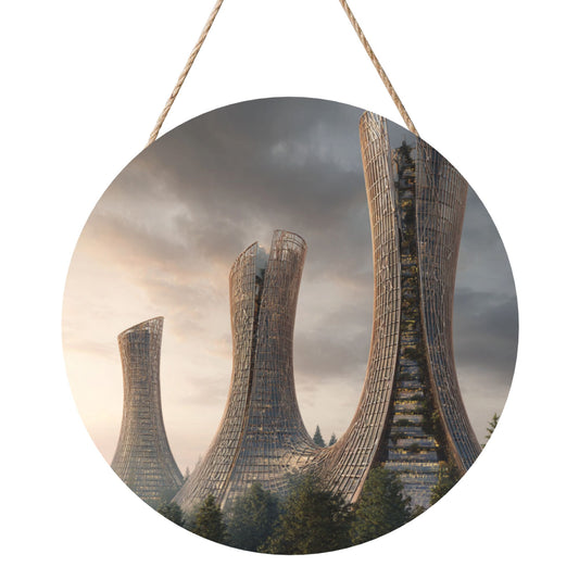 Modern Architecture Art Round Wooden Wall Hanging – Waterproof Decorative Wood Panel, 12in/30cm Diameter, Artistic Wall Décor for Living Room, Bedroom, Office