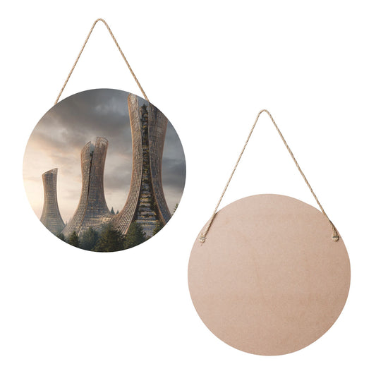 Modern Architecture Art Round Wooden Wall Hanging – Waterproof Decorative Wood Panel, 12in/30cm Diameter, Artistic Wall Décor for Living Room, Bedroom, Office