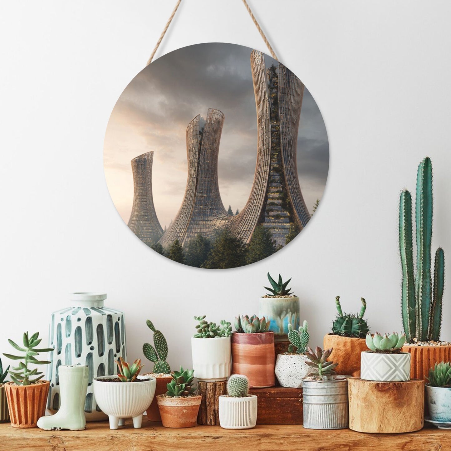 Modern Architecture Art Round Wooden Wall Hanging – Waterproof Decorative Wood Panel, 12in/30cm Diameter, Artistic Wall Décor for Living Room, Bedroom, Office
