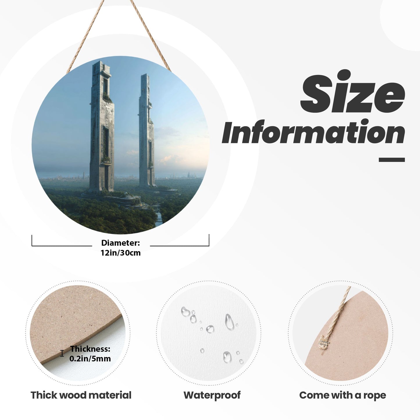 Round Wooden Wall Art – Modern Architectural Hanging Board, Decorative Wall Ornament for Home, Office & Living Room, 12in/30cm