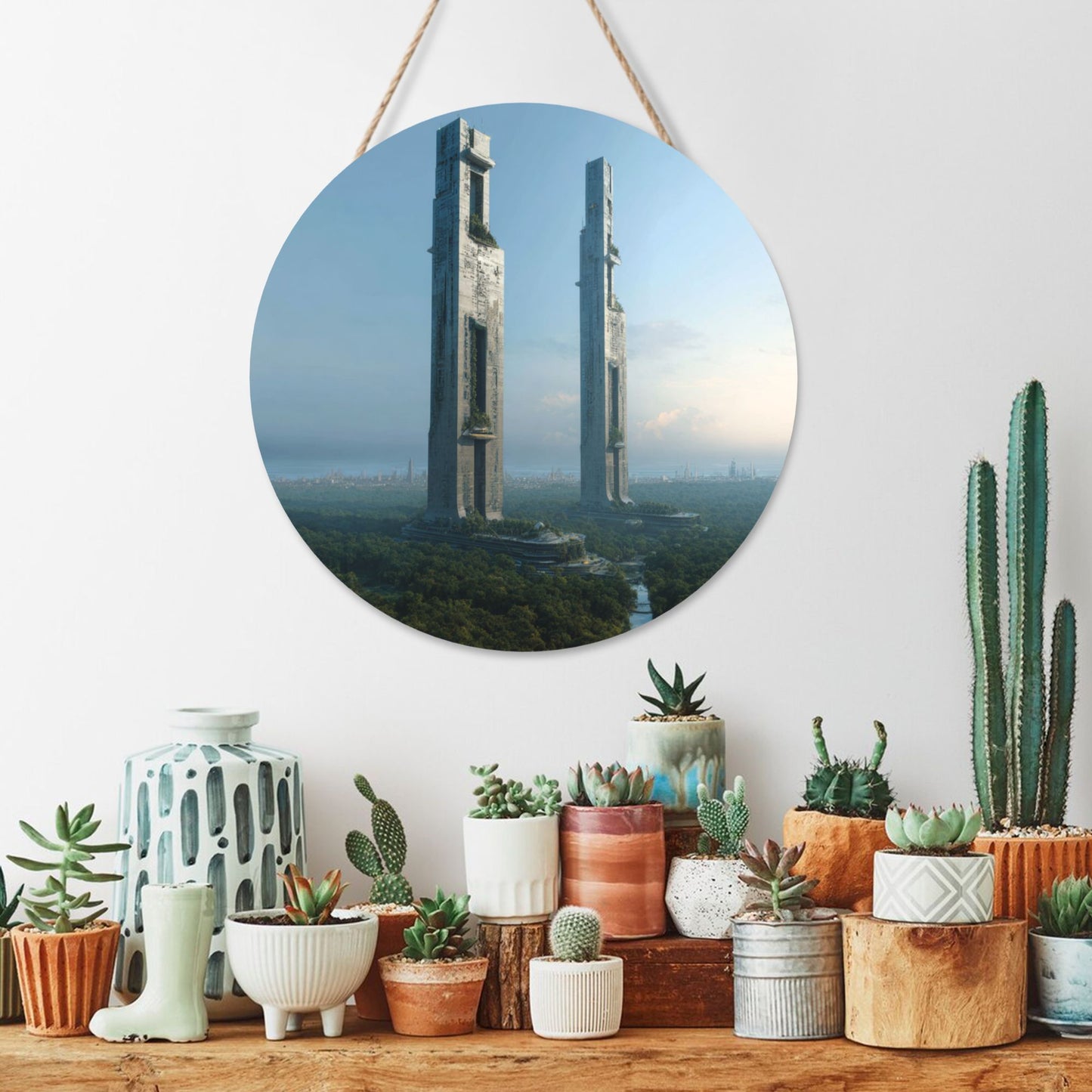 Round Wooden Wall Art – Modern Architectural Hanging Board, Decorative Wall Ornament for Home, Office & Living Room, 12in/30cm