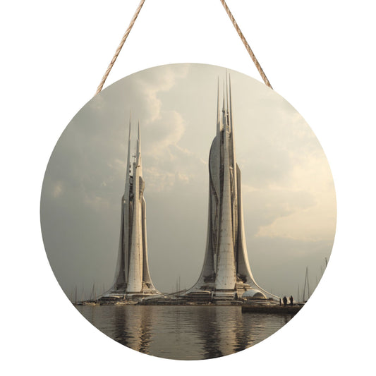 Modern Architecture Style Round Wooden Wall Hanging Art, 12in/30cm Waterproof Wooden Decor with Rope for Home & Office