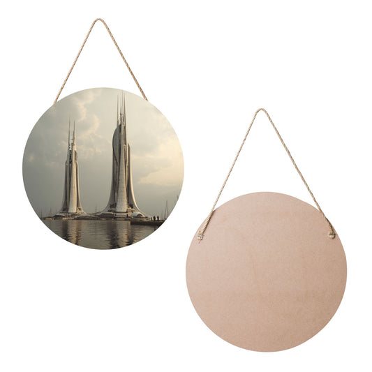 Modern Architecture Style Round Wooden Wall Hanging Art, 12in/30cm Waterproof Wooden Decor with Rope for Home & Office