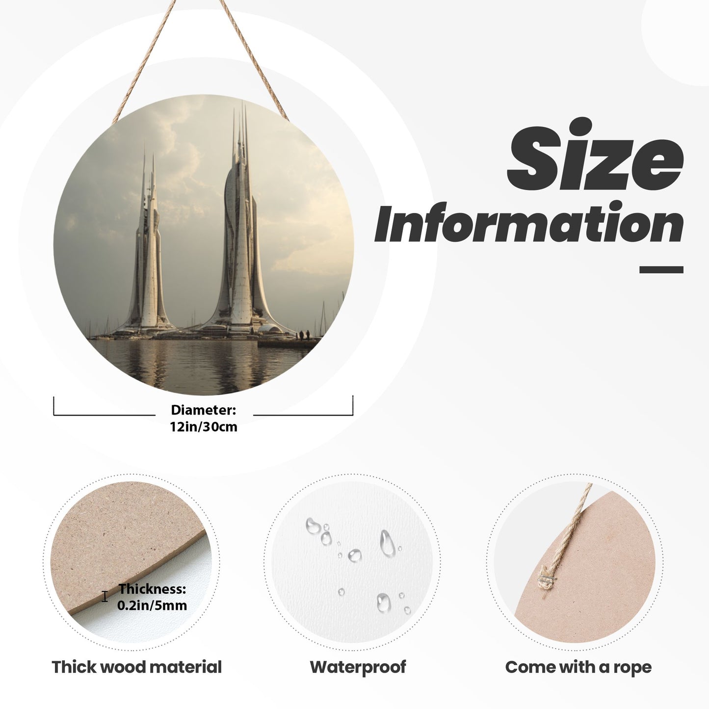Modern Architecture Style Round Wooden Wall Hanging Art, 12in/30cm Waterproof Wooden Decor with Rope for Home & Office