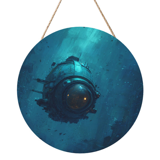 Deep Sea Submarine Round Wooden Wall Art – 12in/30cm Waterproof Hanging Decoration with Rope, Artistic Home & Office Décor