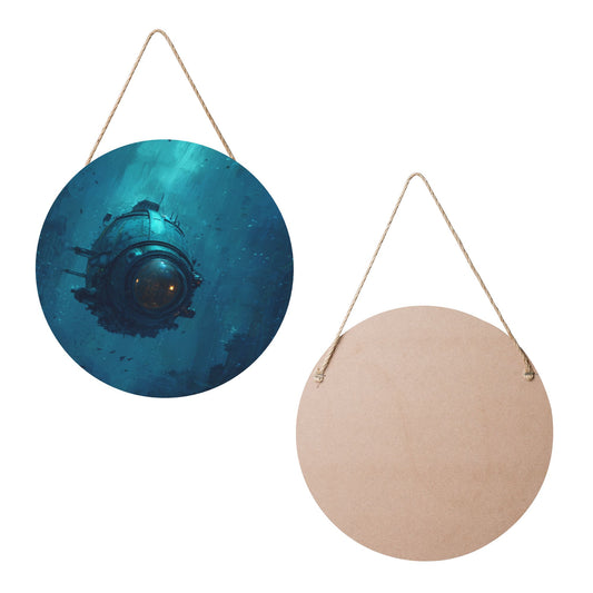 Deep Sea Submarine Round Wooden Wall Art – 12in/30cm Waterproof Hanging Decoration with Rope, Artistic Home & Office Décor