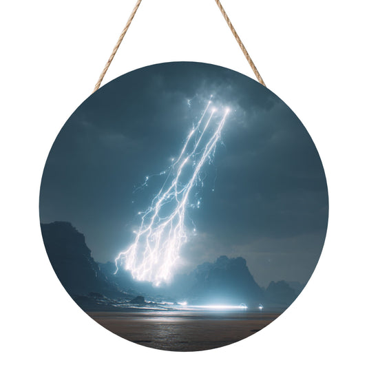 Lightning Storm Round Wooden Wall Art – 12in/30cm Waterproof Durable Hanging Decor with Rope for Living Room, Bedroom, Study, and Office