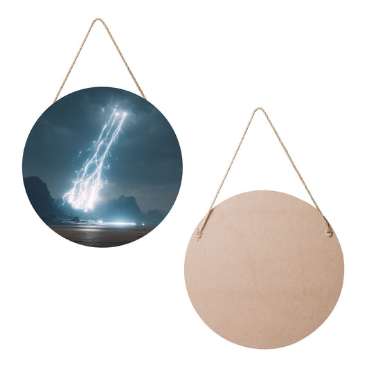 Lightning Storm Round Wooden Wall Art – 12in/30cm Waterproof Durable Hanging Decor with Rope for Living Room, Bedroom, Study, and Office