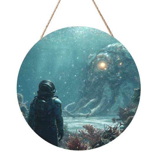 Round Wooden Wall Hanging Art – 12in/30cm Waterproof Decorative Panel with Rope, Creative Sci-Fi Design for Home & Office