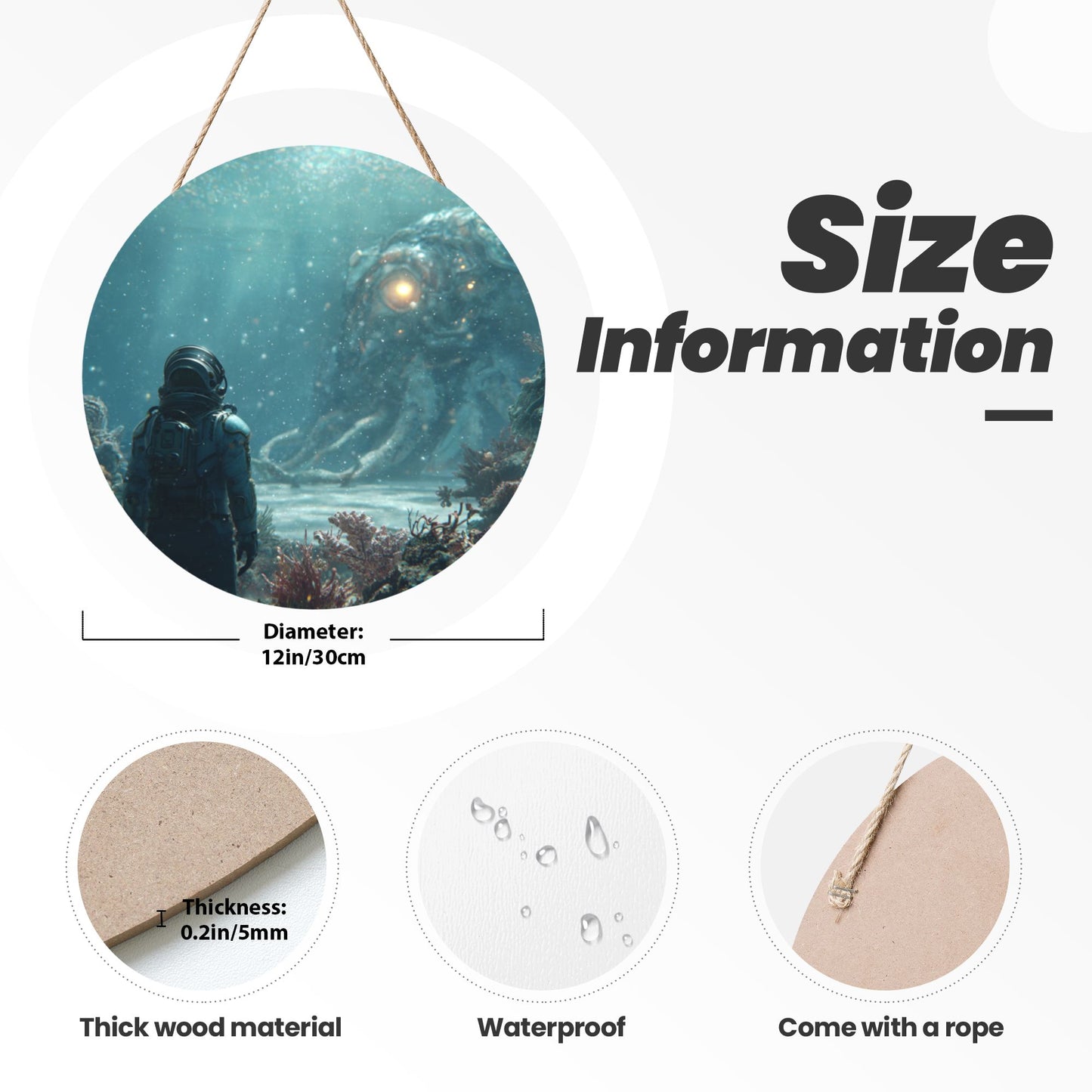Round Wooden Wall Hanging Art – 12in/30cm Waterproof Decorative Panel with Rope, Creative Sci-Fi Design for Home & Office