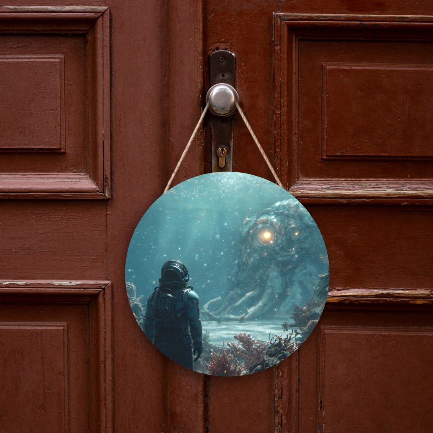 Round Wooden Wall Hanging Art – 12in/30cm Waterproof Decorative Panel with Rope, Creative Sci-Fi Design for Home & Office