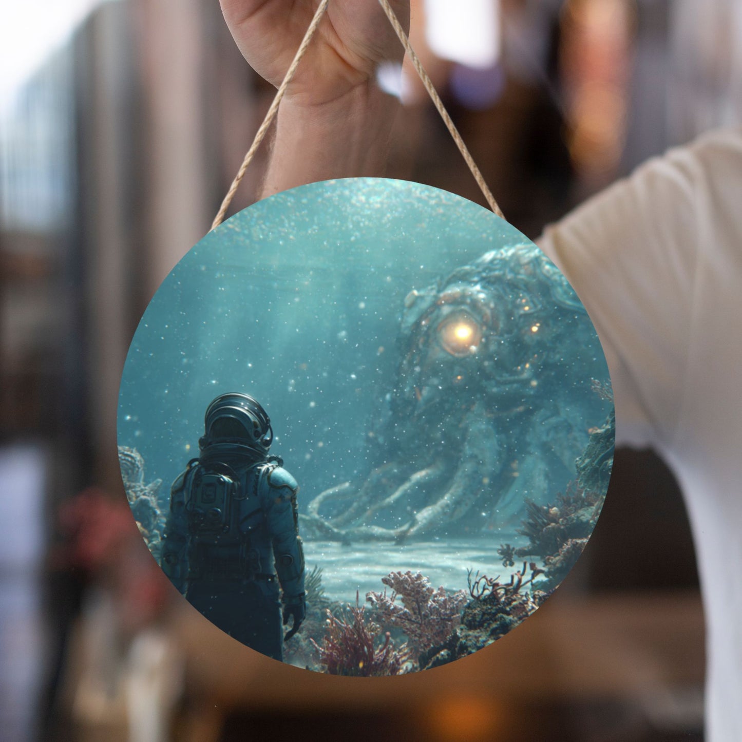 Round Wooden Wall Hanging Art – 12in/30cm Waterproof Decorative Panel with Rope, Creative Sci-Fi Design for Home & Office