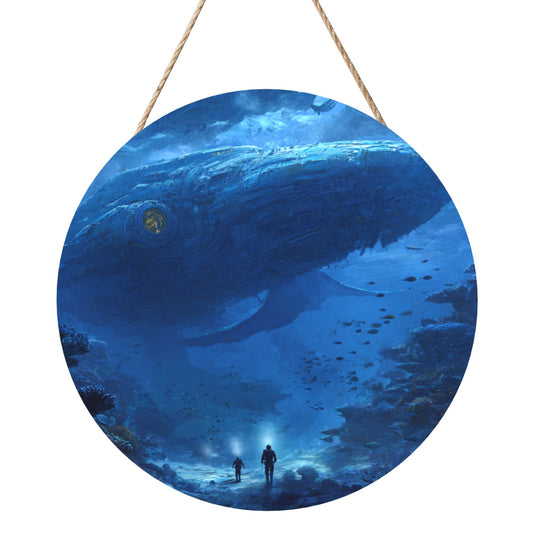Round Wooden Hanging Wall Art – Deep Sea Exploration Design, 12in/30cm, Waterproof, Thick Wood Panel with Rope for Living Room, Bedroom, Café, and Office Wall Decoration