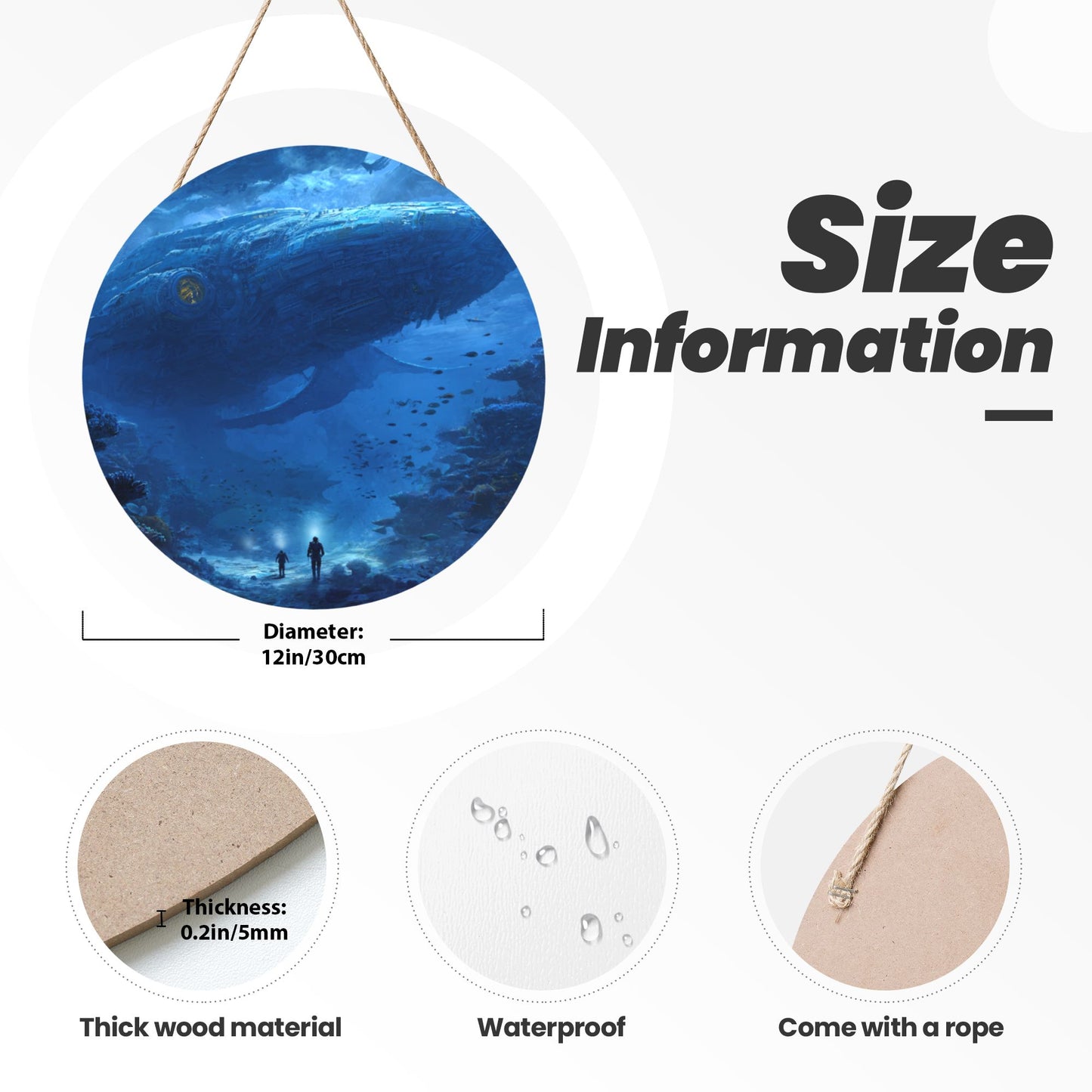 Round Wooden Hanging Wall Art – Deep Sea Exploration Design, 12in/30cm, Waterproof, Thick Wood Panel with Rope for Living Room, Bedroom, Café, and Office Wall Decoration