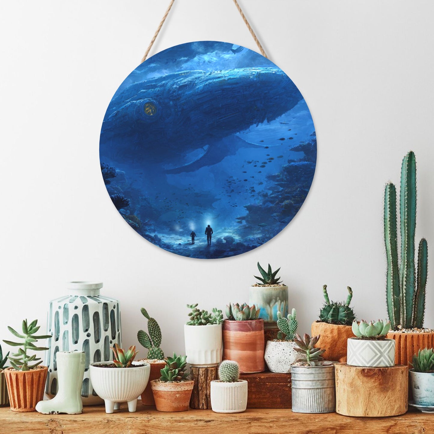 Round Wooden Hanging Wall Art – Deep Sea Exploration Design, 12in/30cm, Waterproof, Thick Wood Panel with Rope for Living Room, Bedroom, Café, and Office Wall Decoration