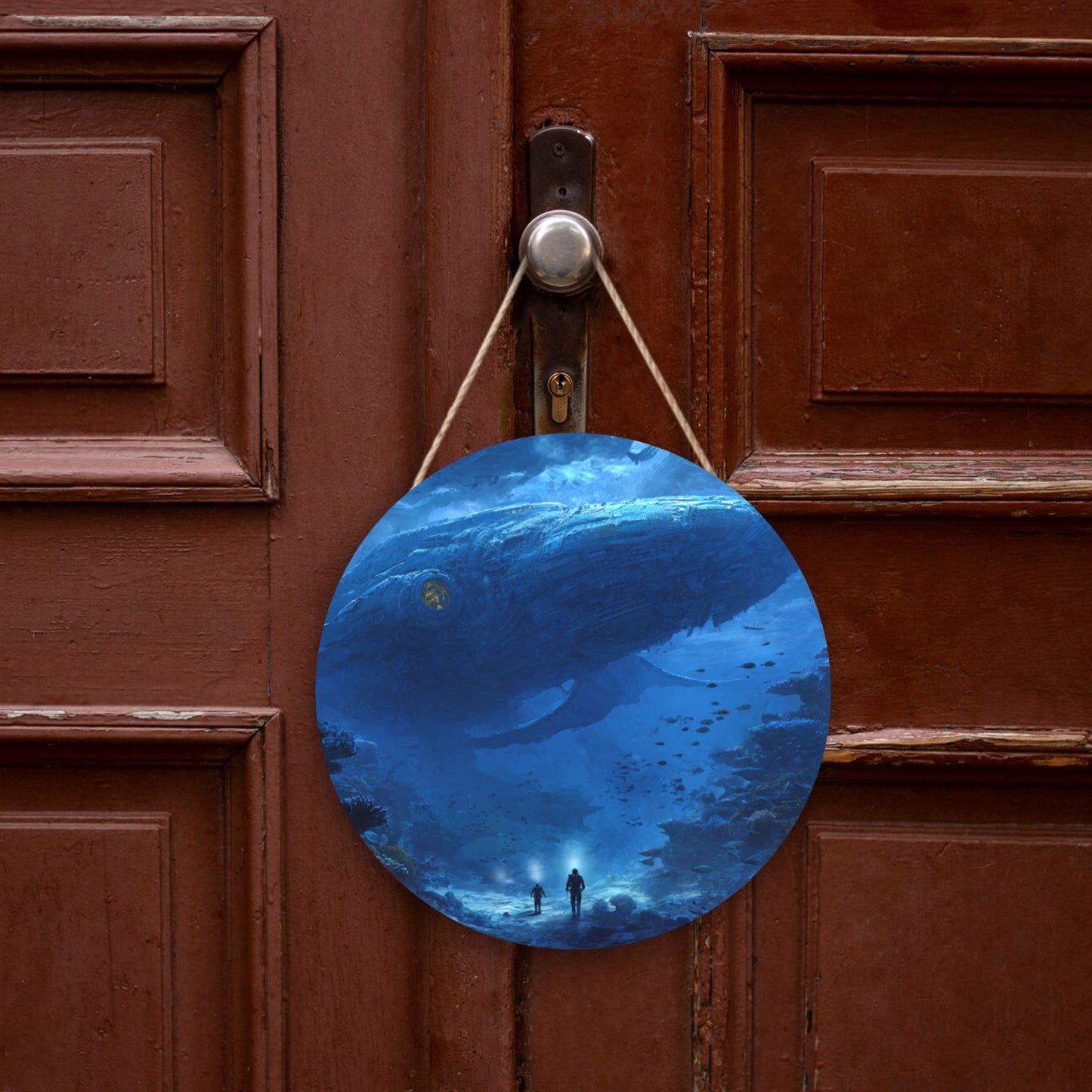 Round Wooden Hanging Wall Art – Deep Sea Exploration Design, 12in/30cm, Waterproof, Thick Wood Panel with Rope for Living Room, Bedroom, Café, and Office Wall Decoration