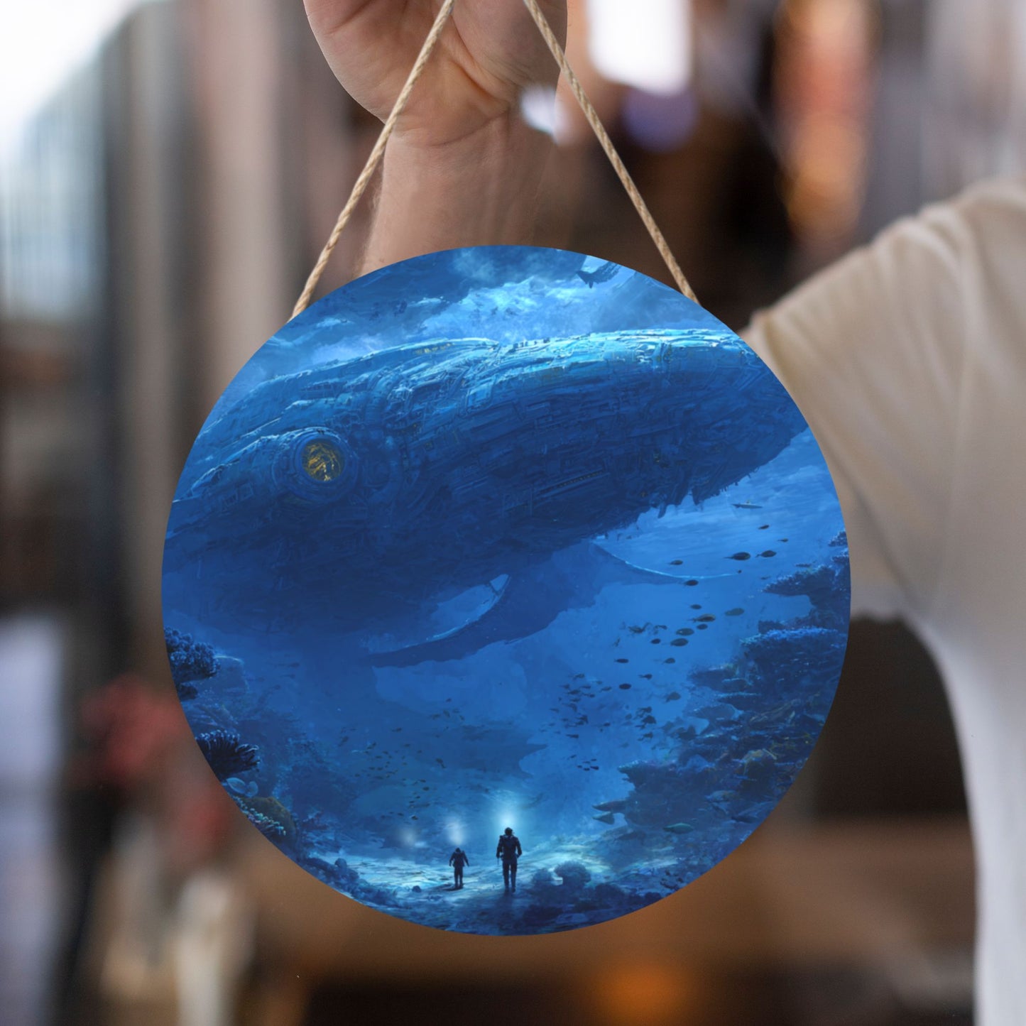 Round Wooden Hanging Wall Art – Deep Sea Exploration Design, 12in/30cm, Waterproof, Thick Wood Panel with Rope for Living Room, Bedroom, Café, and Office Wall Decoration